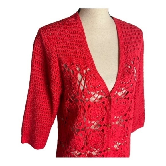Vintage Liz Claiborne New York Red Crochet Knitted Cardigan Size L - Picture 5 of 8